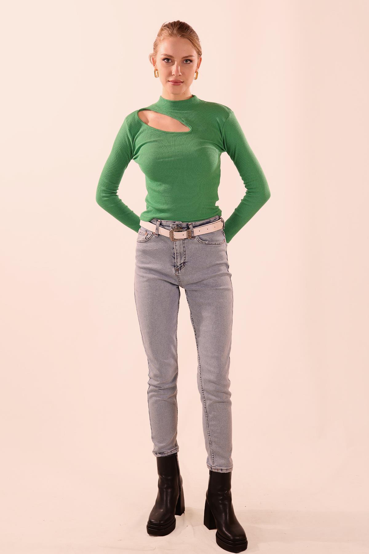 1630 Yan Dudak Balıkçı Yaka Bluz Yeşil - 2