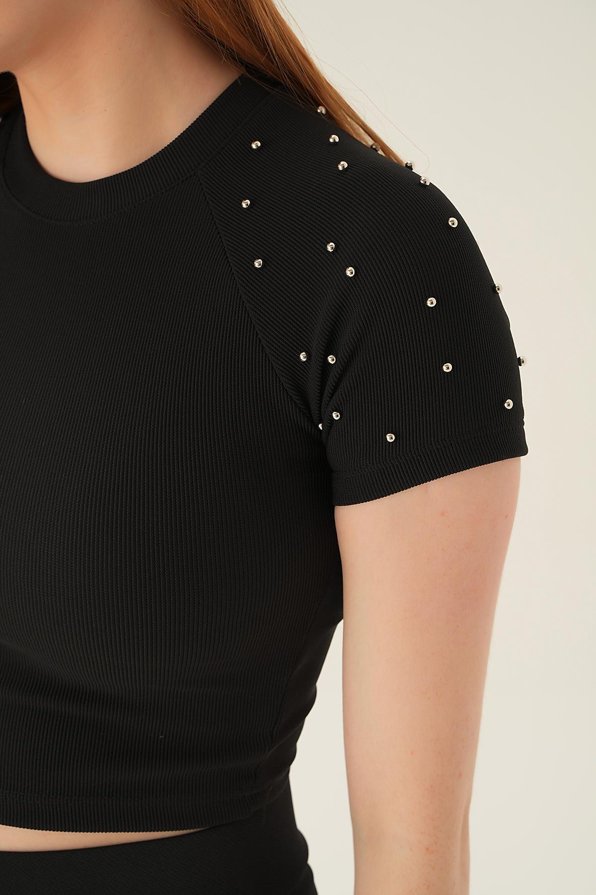 Siyah İnci Detay Kısa Kol Bluz 1662 - 4