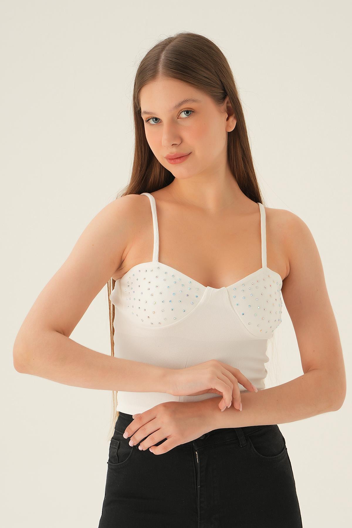 1663 İnci Detay Askılı Bluz Beyaz - 3