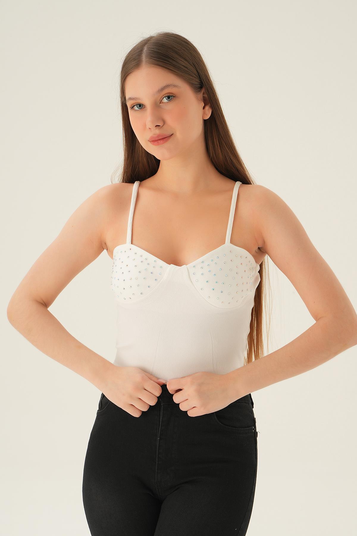 1663 İnci Detay Askılı Bluz Beyaz - 6