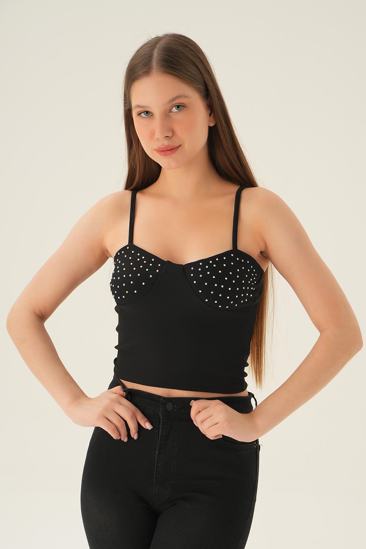 1663 İnci Detay Askılı Bluz Siyah - 6