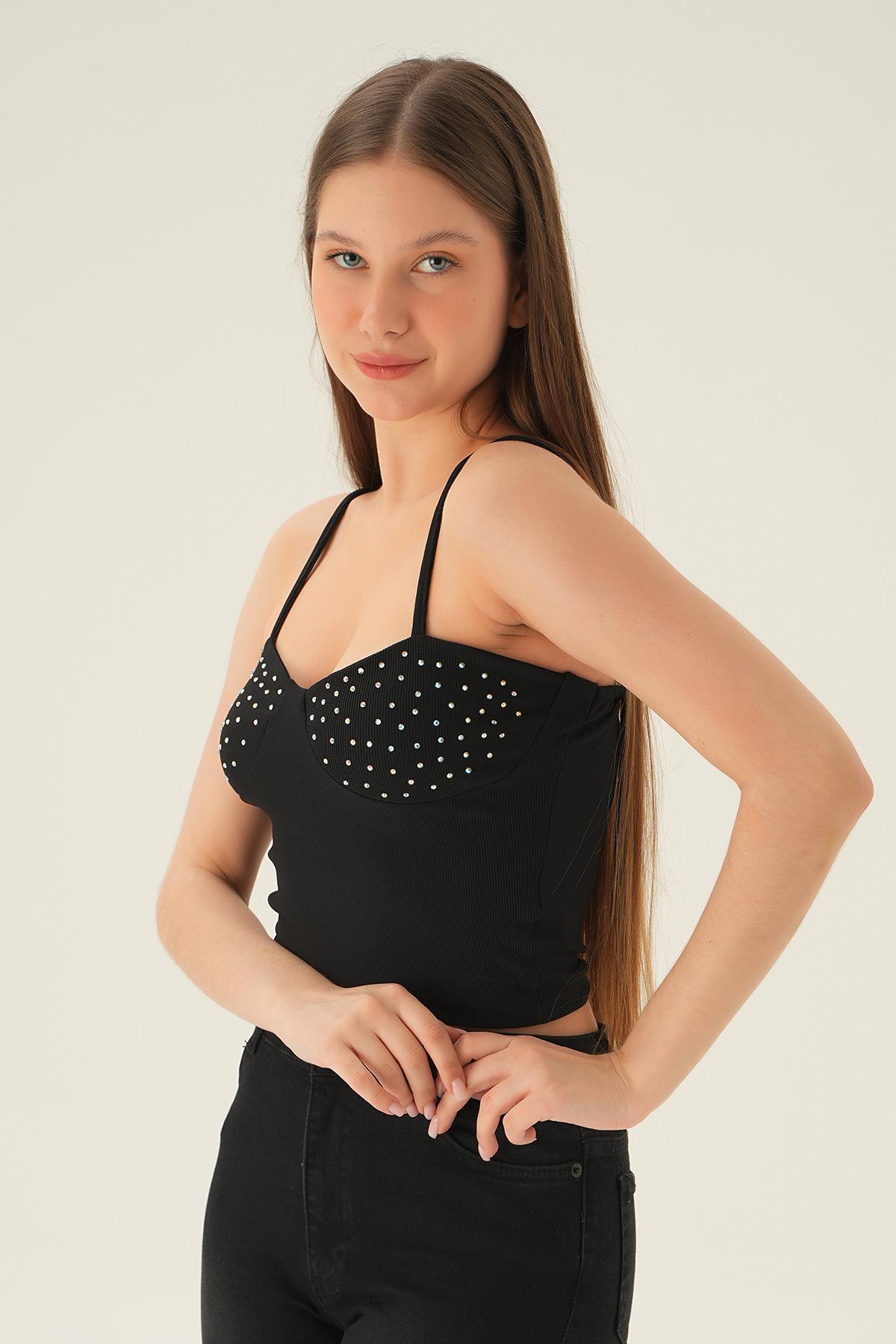 1663 İnci Detay Askılı Bluz Siyah - 2