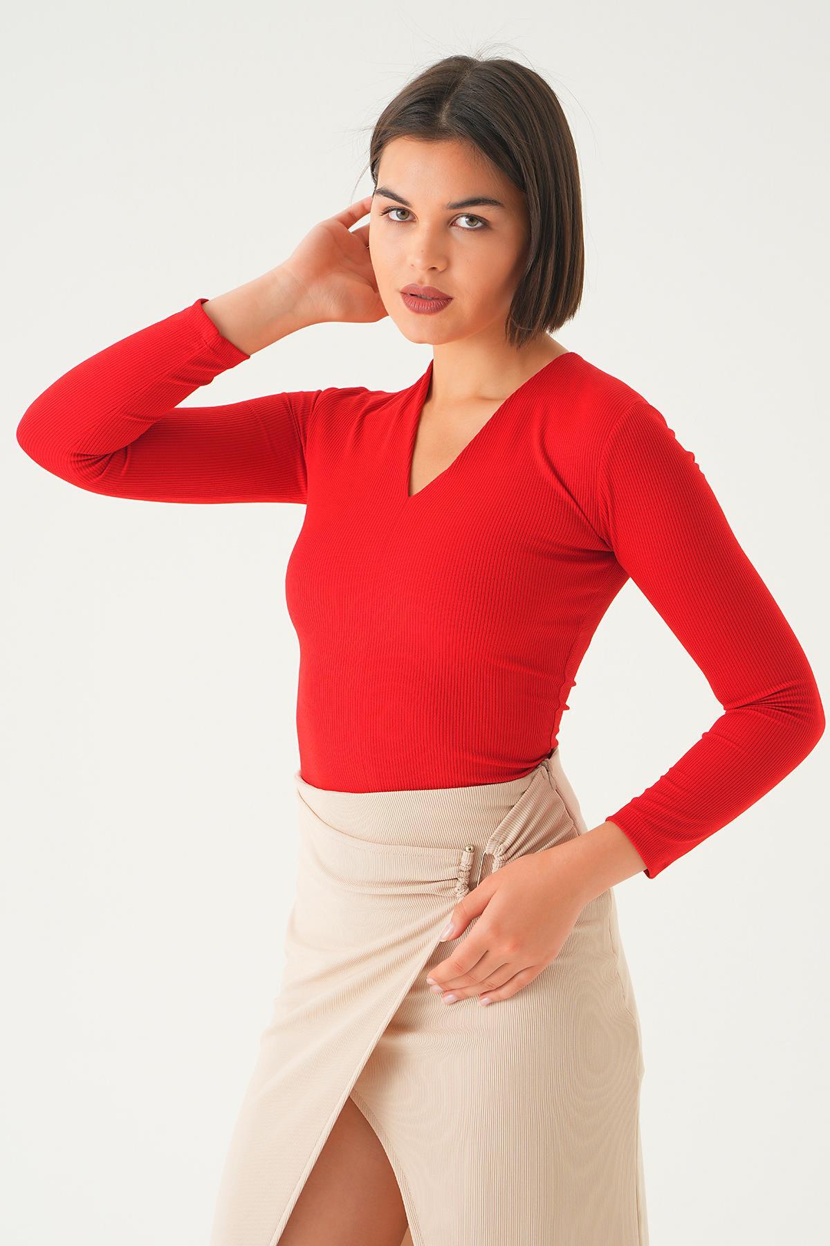 1665 V Yaka Bluz Kırmızı - 3