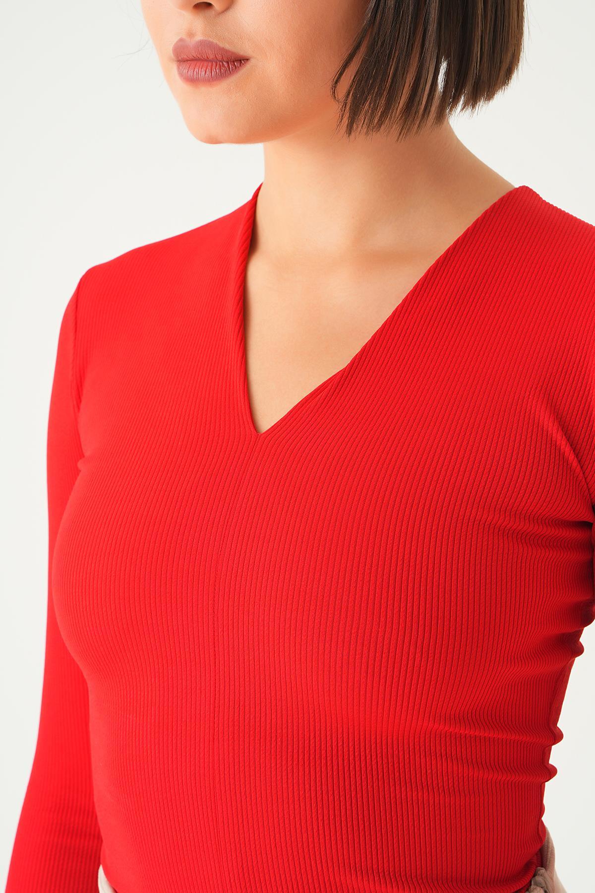 1665 V Yaka Bluz Kırmızı - 5