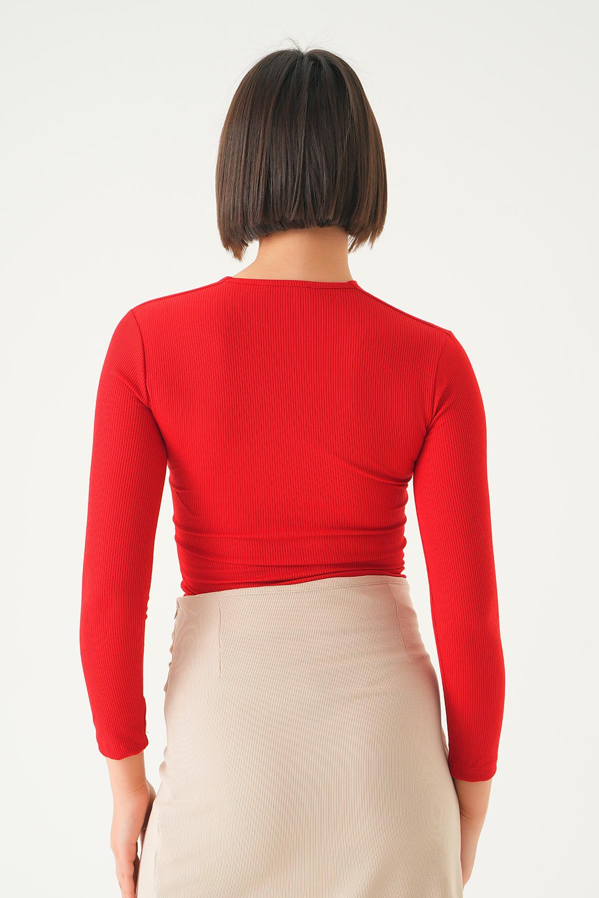 1665 V Yaka Bluz Kırmızı - 4
