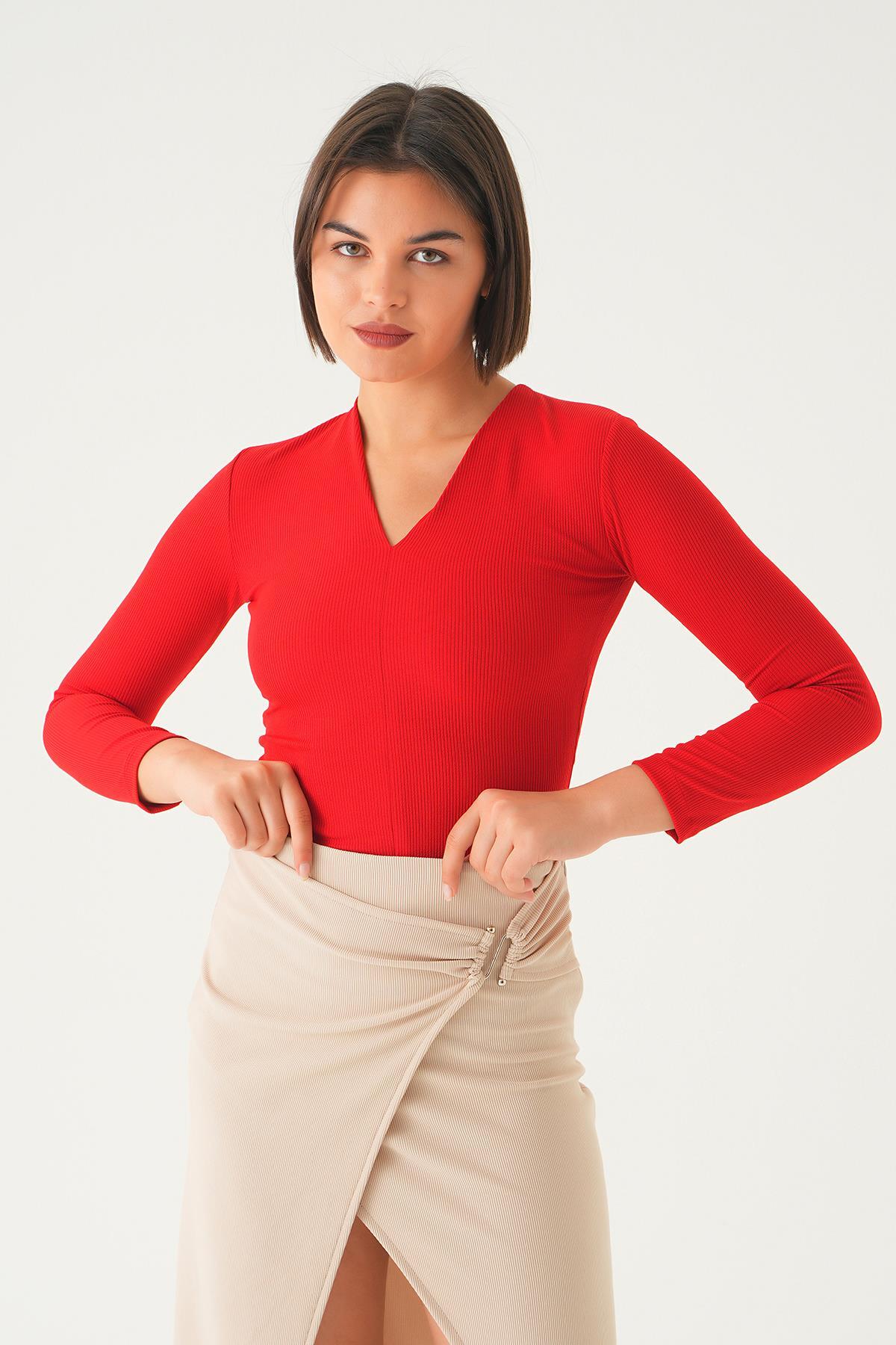 Kırmızı V Yaka Bluz 9021M - 1