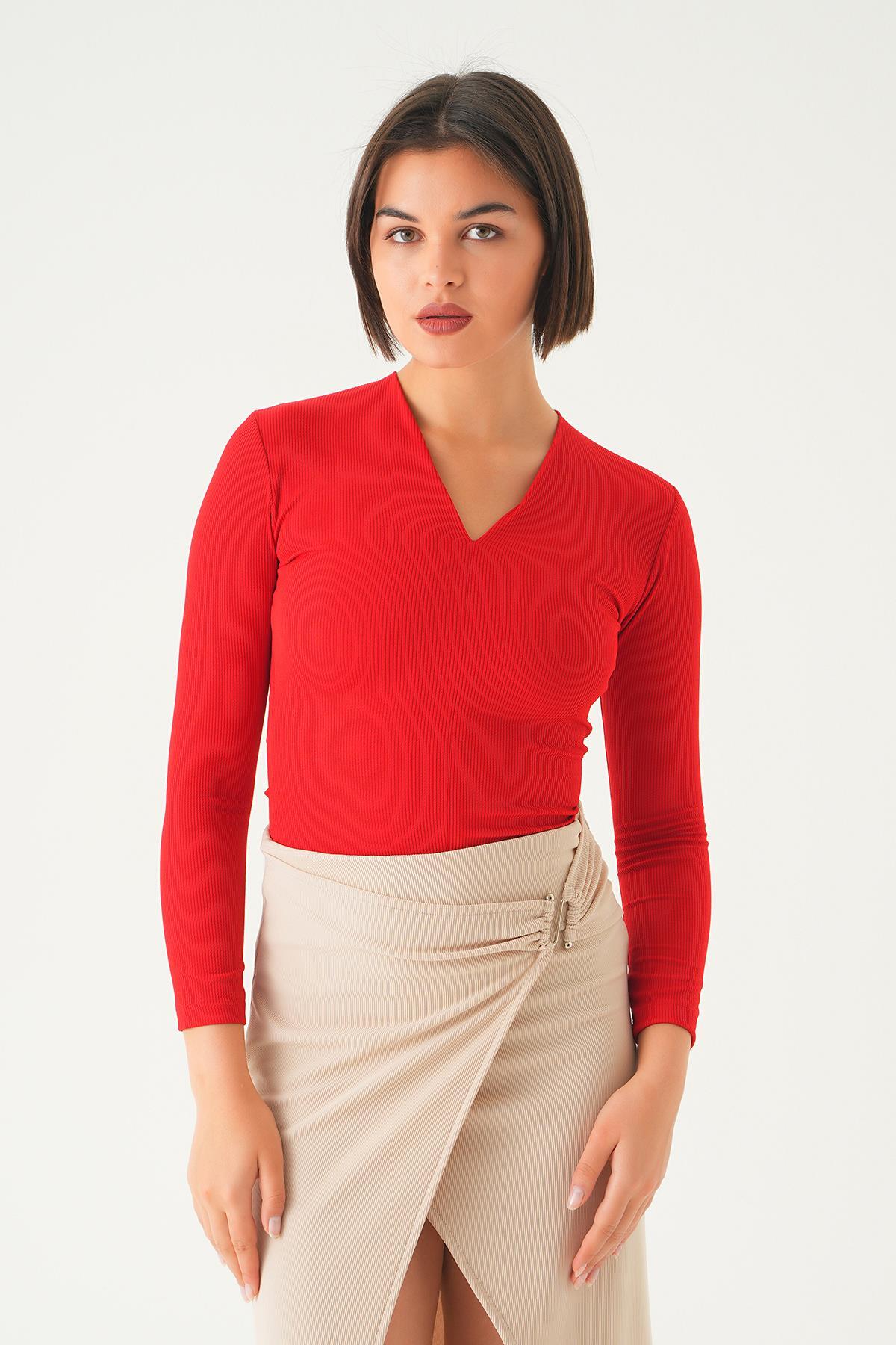 Kırmızı V Yaka Bluz 9021M - 6