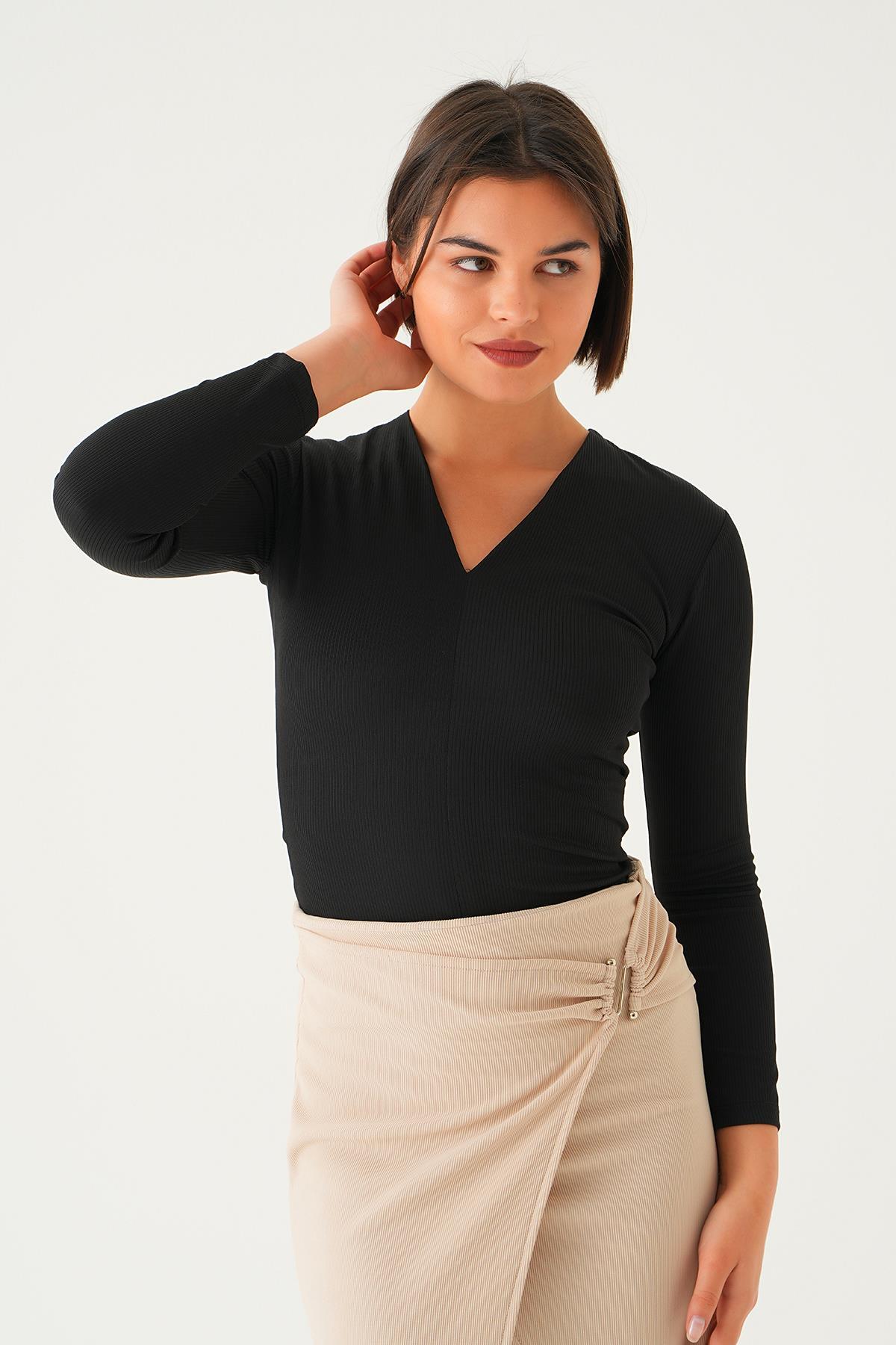 1665 V Yaka Bluz Siyah - 2