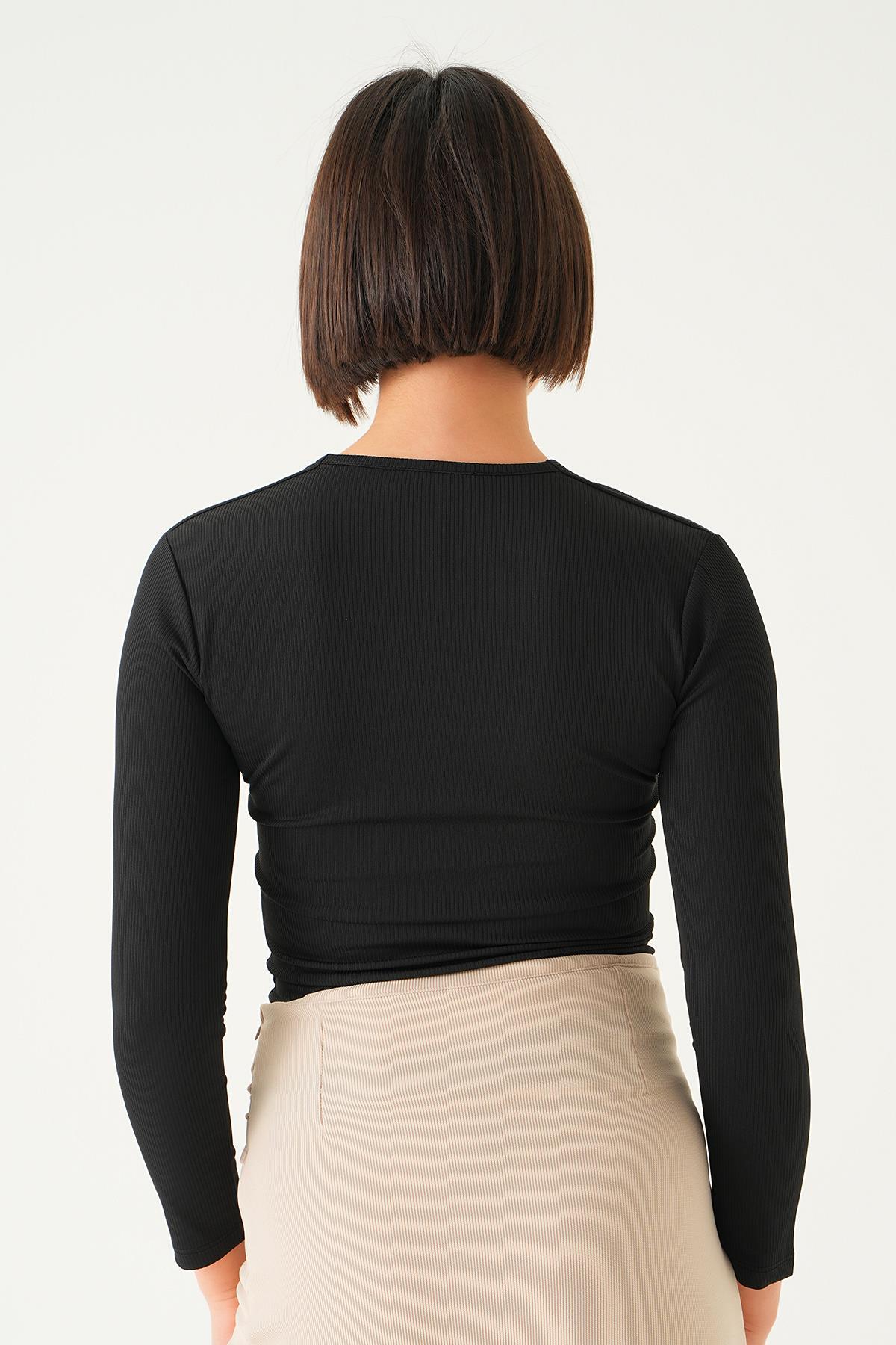 1665 V Yaka Bluz Siyah - 4