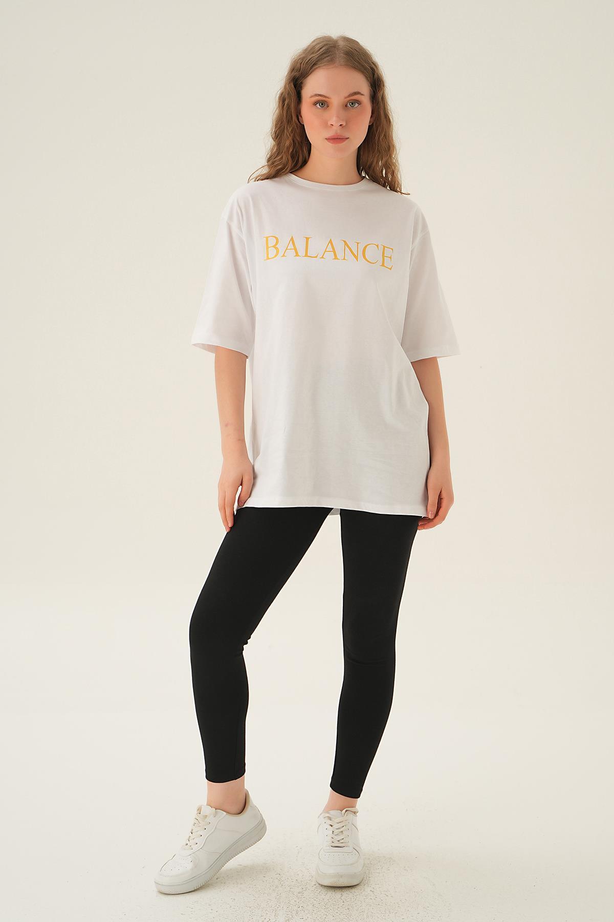 1697 Balance Baskı Oversize Tişört Beyaz - 2