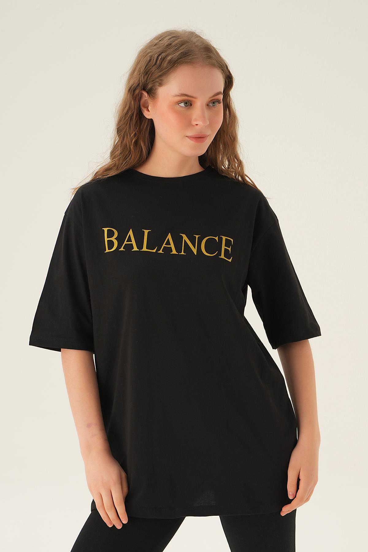 Siyah Balance Baskı Oversize Tişört 1697 - 2