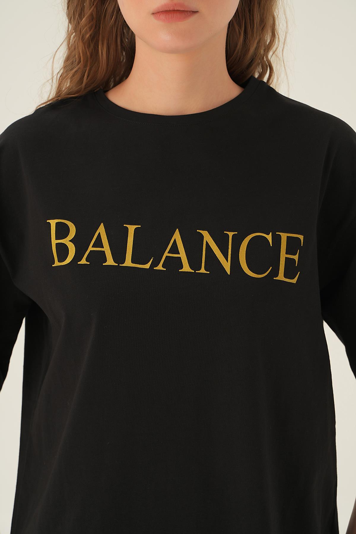 Siyah Balance Baskı Oversize Tişört 1697 - 5