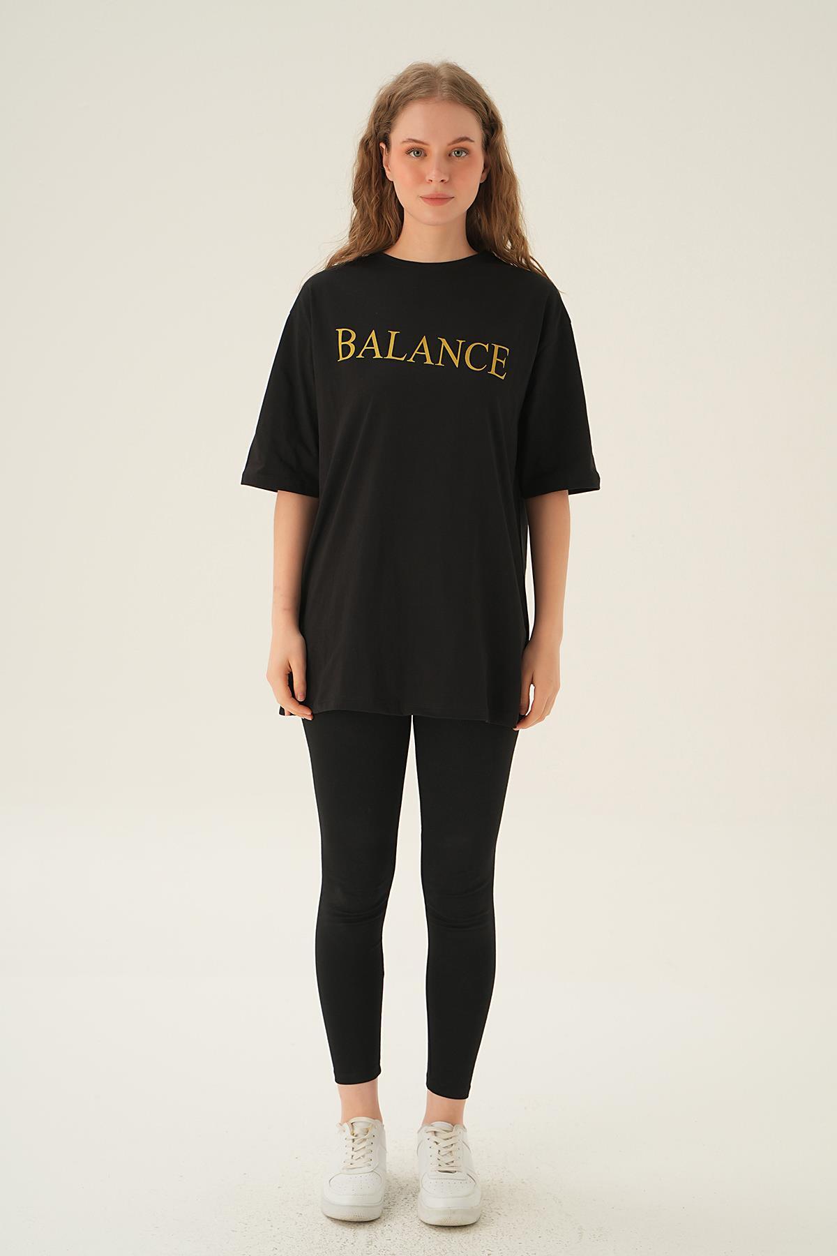Siyah Balance Baskı Oversize Tişört 1697 - 6
