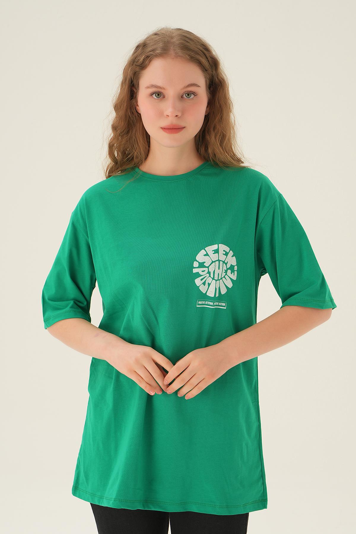 1698 Posıtıve Baskı Oversize Tişört Benetton Yeşili 