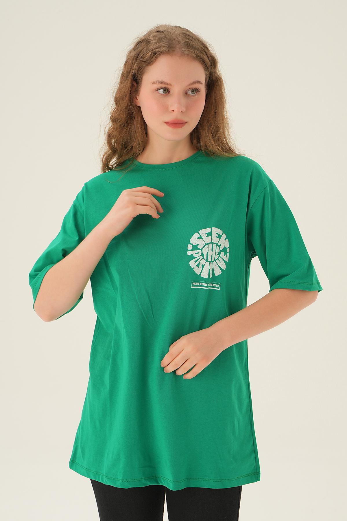 Benetton Yeşili Posıtıve Baskı Oversize Tişört 1698 - 2