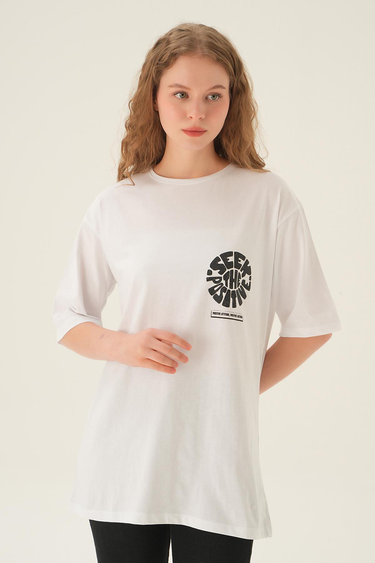 1698 Posıtıve Baskı Oversize Tişört Beyaz 
