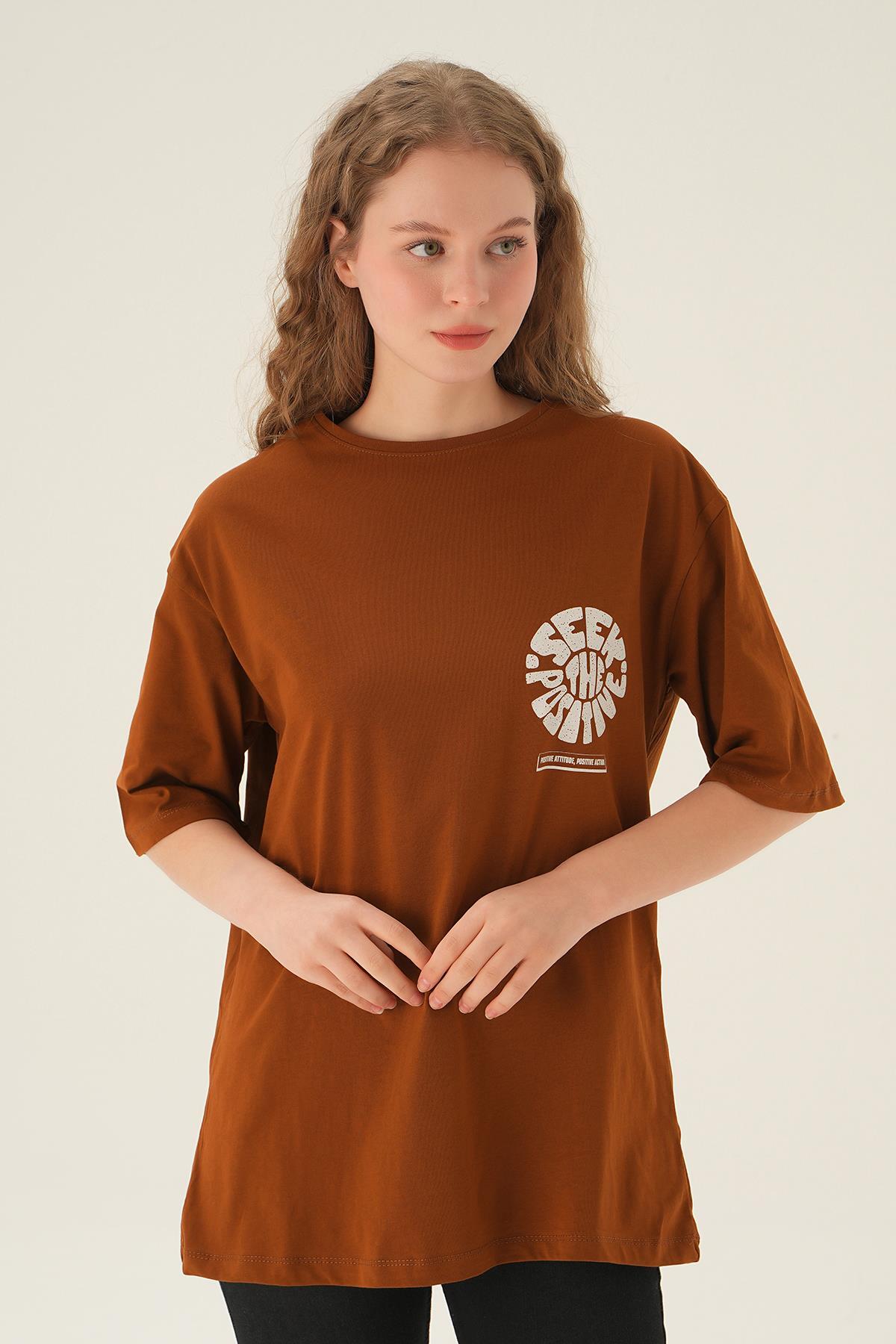 1698 Posıtıve Baskı Oversize Tişört Kahve 