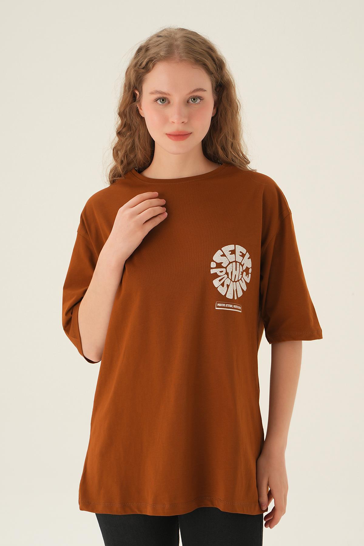 Kahve Posıtıve Baskı Oversize Tişört 1698 - 2