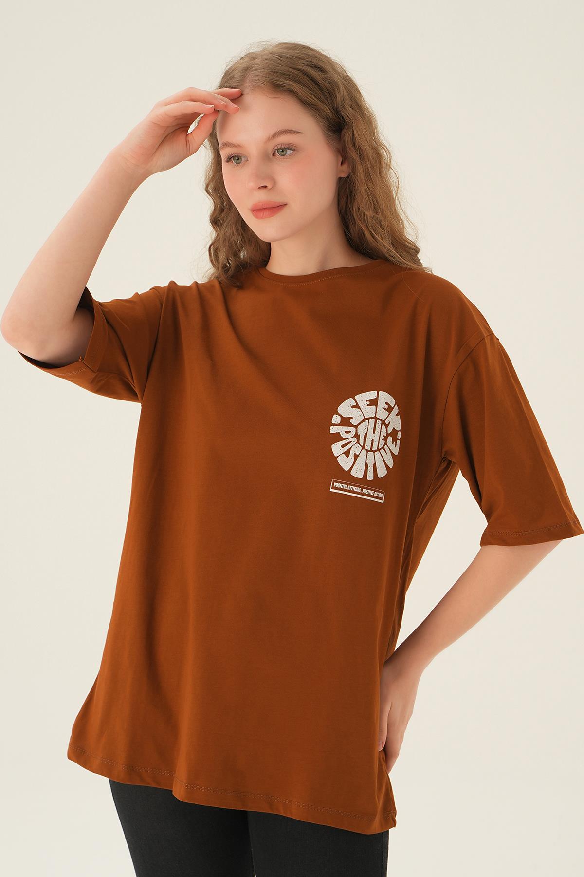 Kahve Posıtıve Baskı Oversize Tişört 1698 - 3
