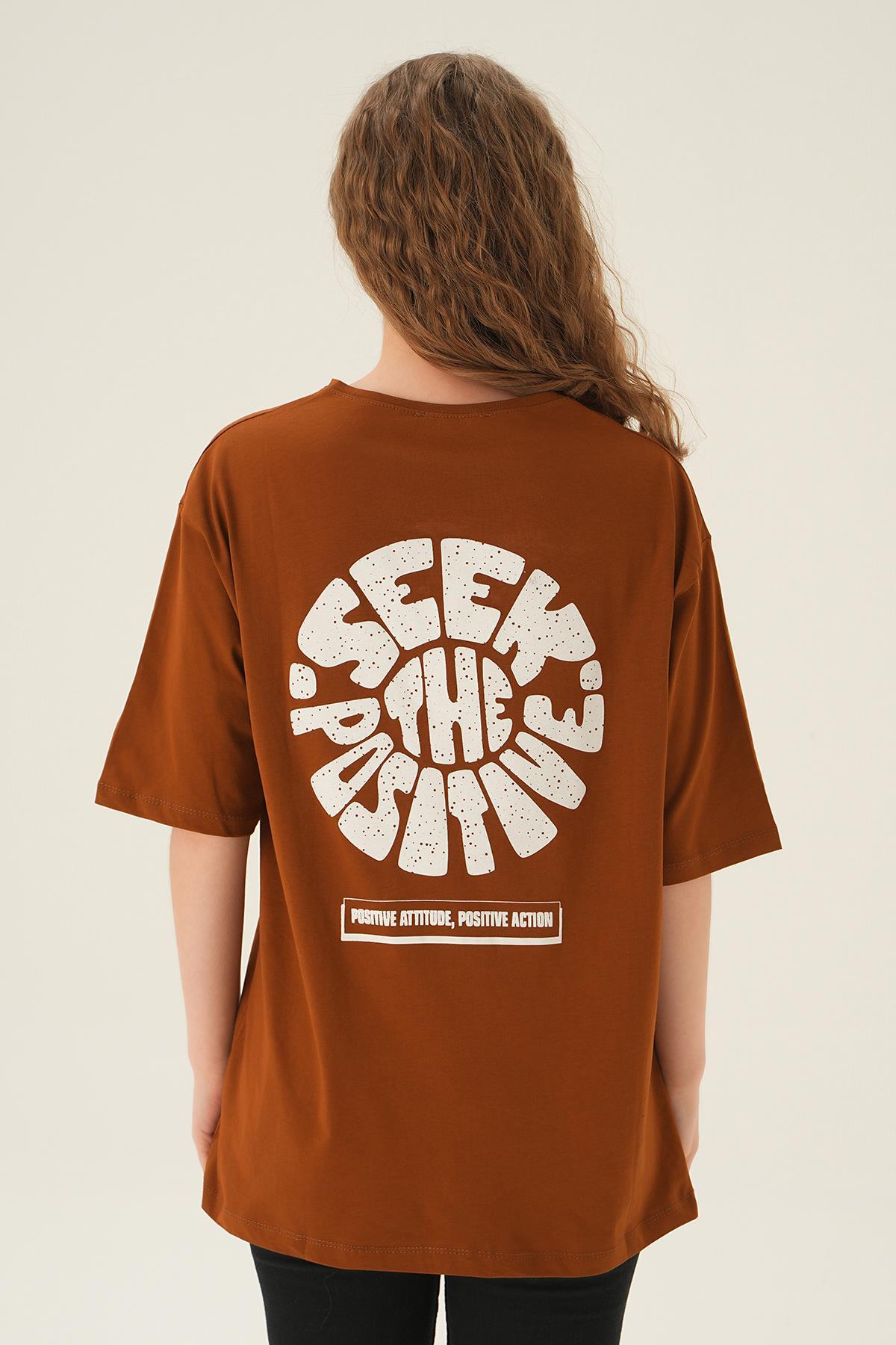 Kahve Posıtıve Baskı Oversize Tişört 1698 - 4