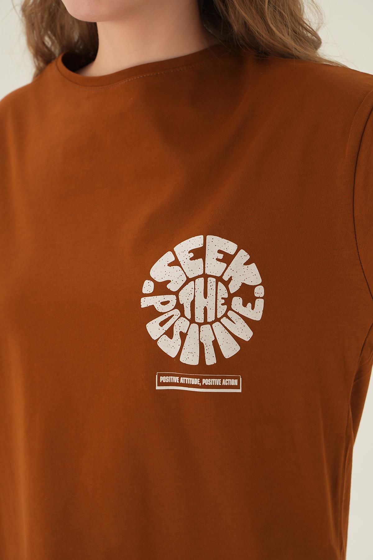 Kahve Posıtıve Baskı Oversize Tişört 1698 - 5