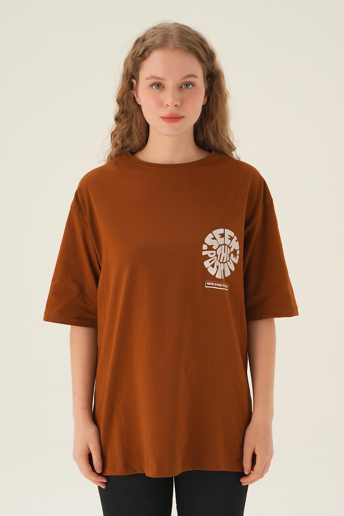 Kahve Posıtıve Baskı Oversize Tişört 1698 - 6