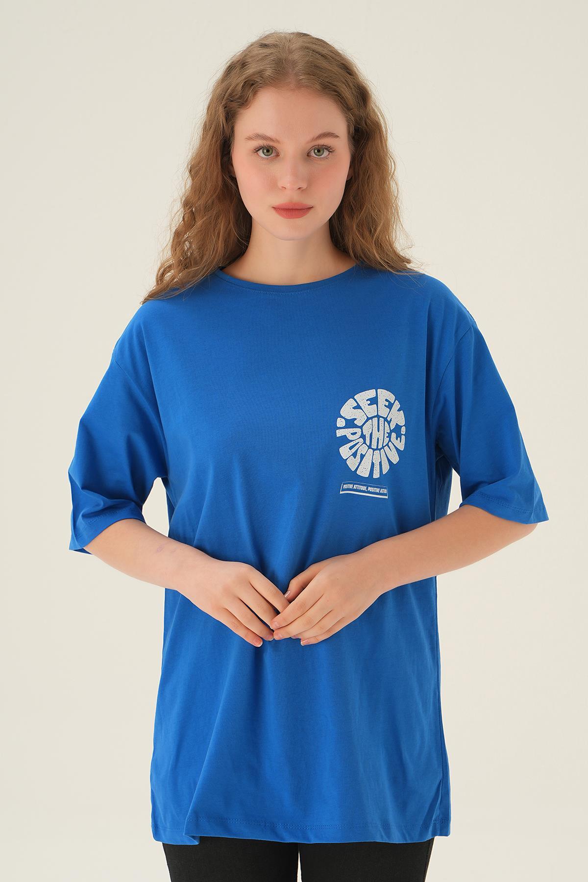 1698 Posıtıve Baskı Oversize Tişört Mavi 