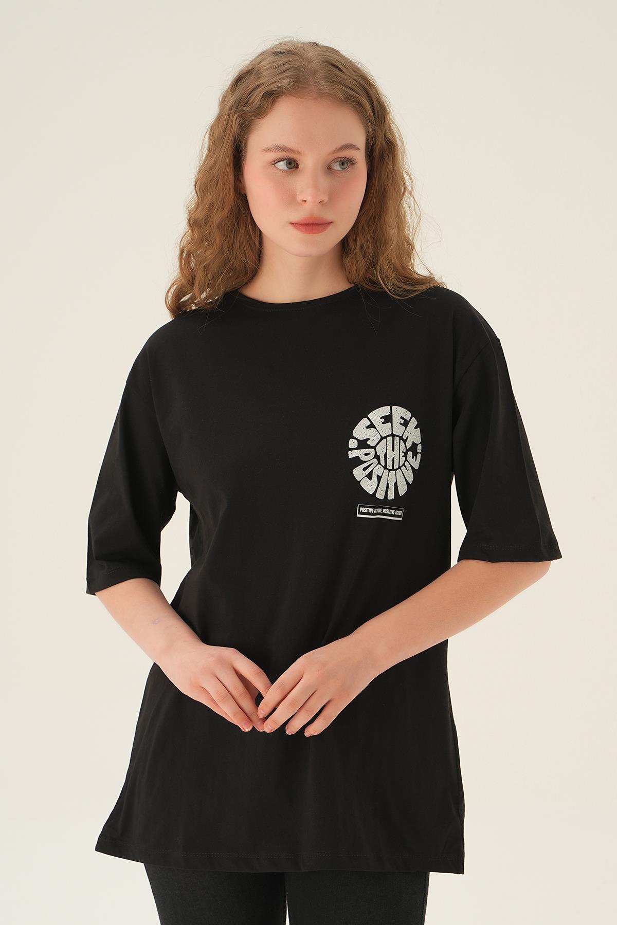 Siyah Posıtıve Baskı Oversize Tişört 1698 - 1