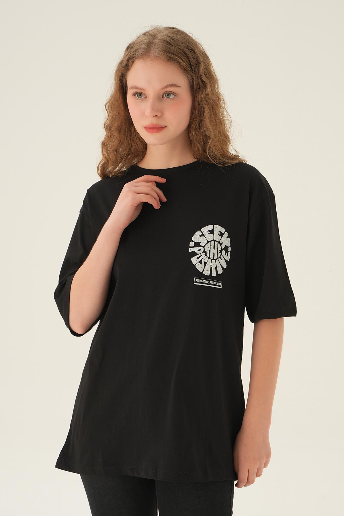 Siyah Posıtıve Baskı Oversize Tişört 1698 - 2