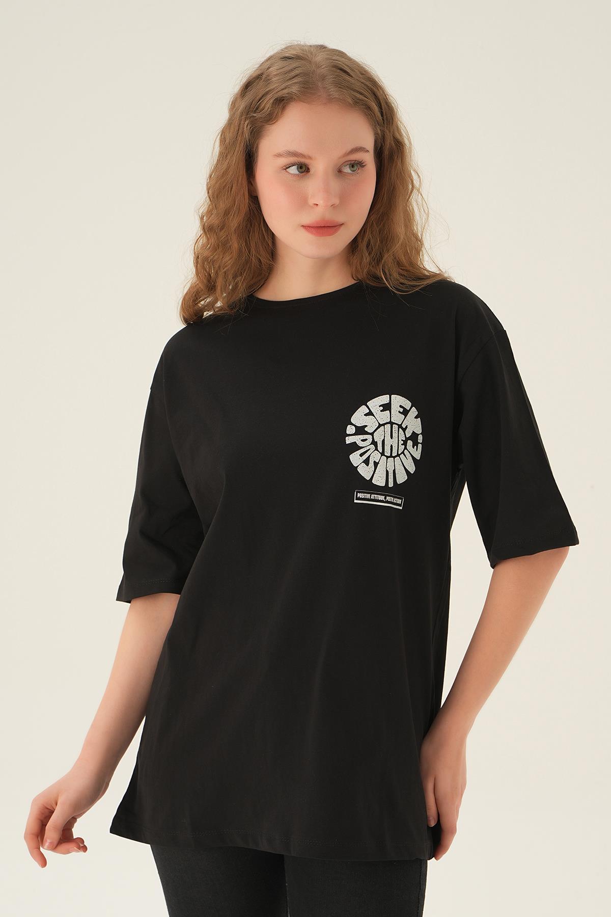 Siyah Posıtıve Baskı Oversize Tişört 1698 - 3