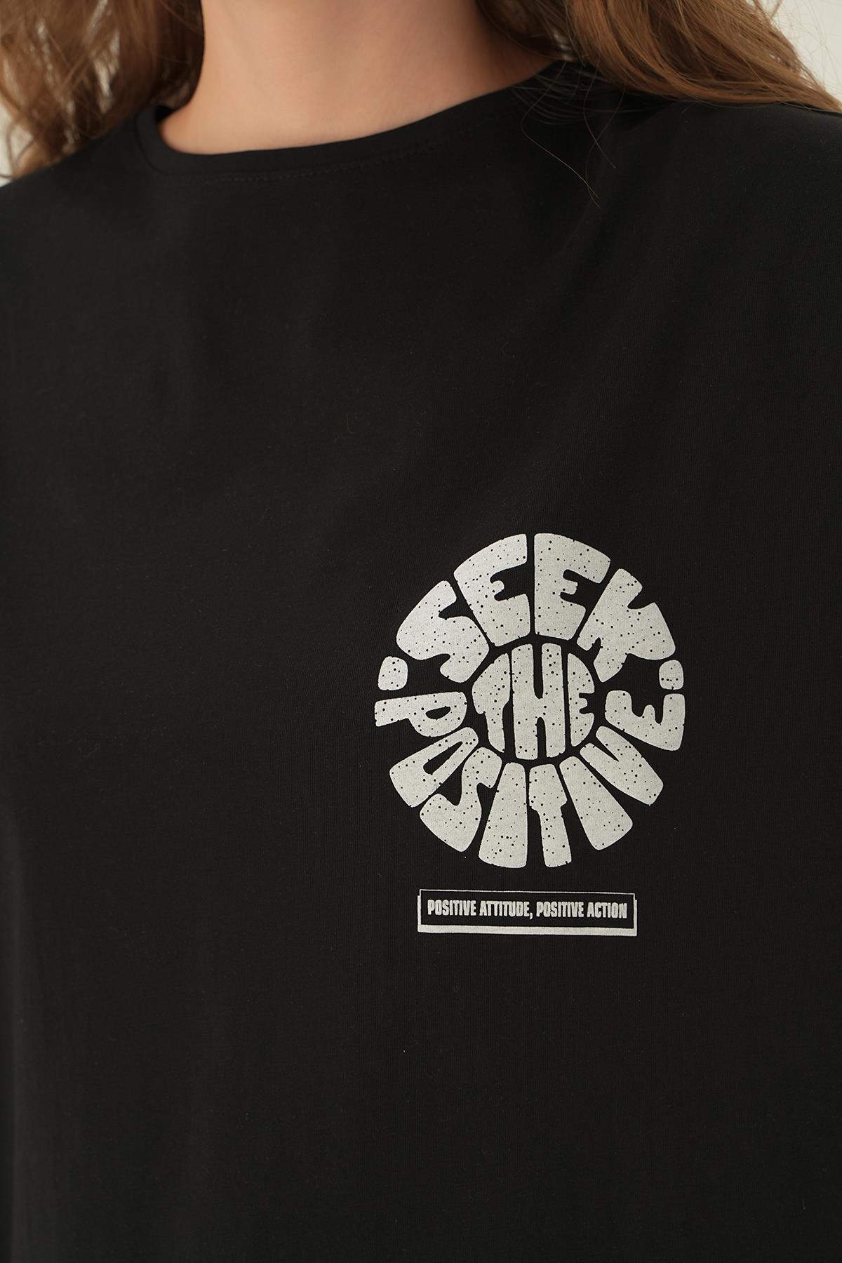 Siyah Posıtıve Baskı Oversize Tişört 1698 - 5