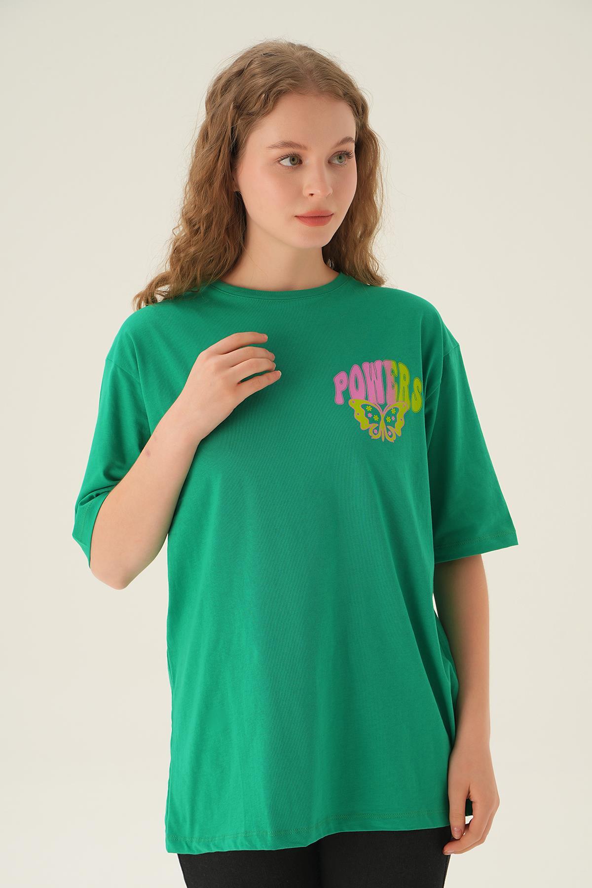 1700 Powers Kelebek Baskı Oversize Tişört Benetton Yeşili - 2