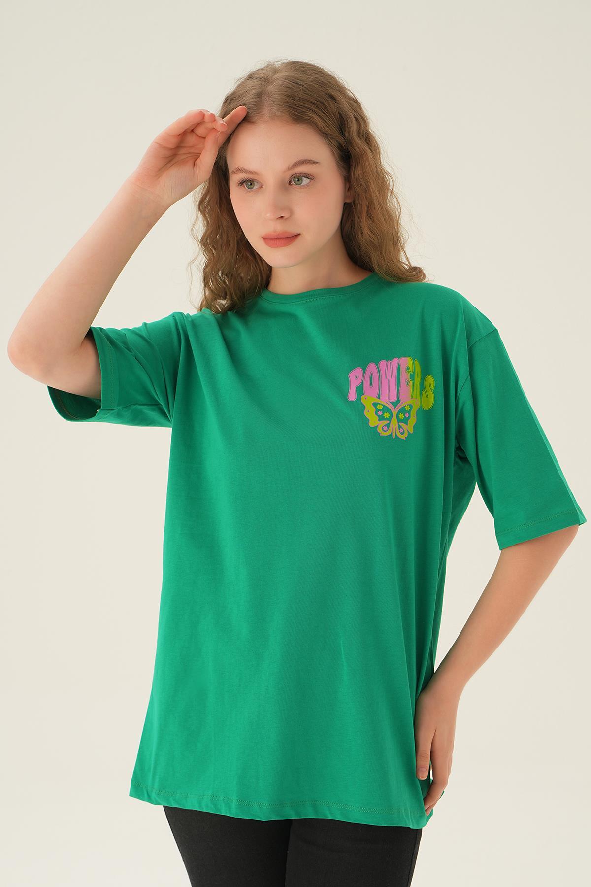1700 Powers Kelebek Baskı Oversize Tişört Benetton Yeşili - 3