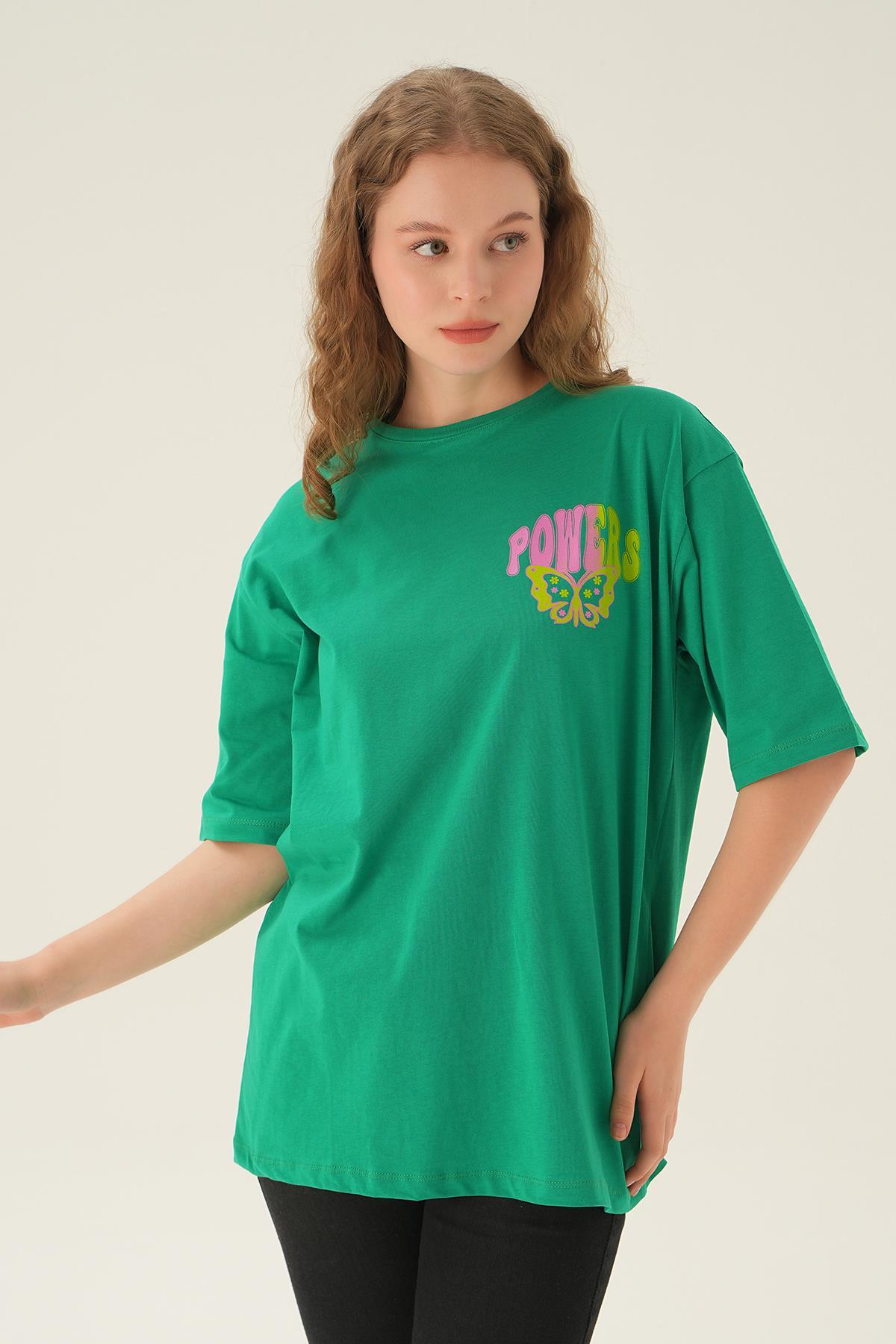 1700 Powers Kelebek Baskı Oversize Tişört Benetton Yeşili - 4