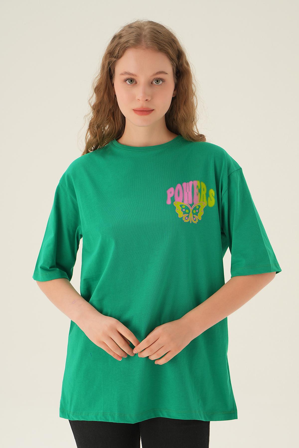 1700 Powers Kelebek Baskı Oversize Tişört Benetton Yeşili - 1