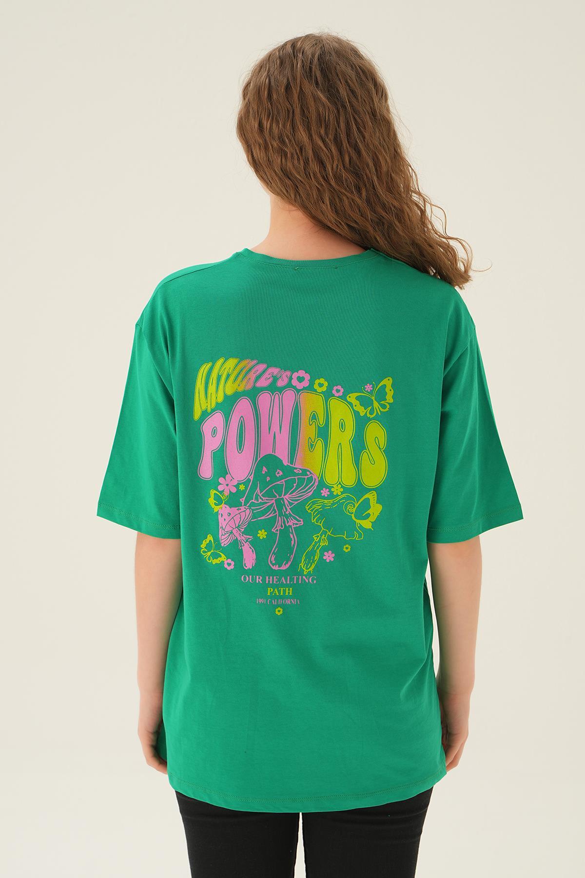 1700 Powers Kelebek Baskı Oversize Tişört Benetton Yeşili - 5