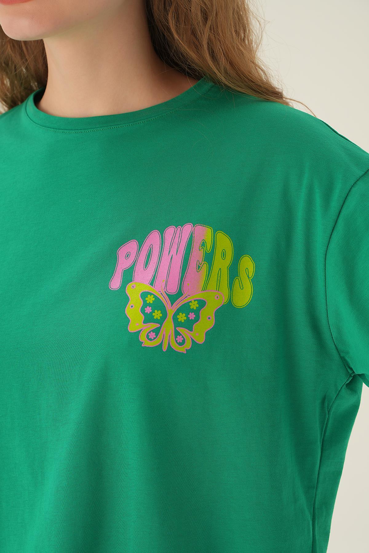 Benetton Yeşili Powers Kelebek Baskı Oversize Tişört 1700 - 6