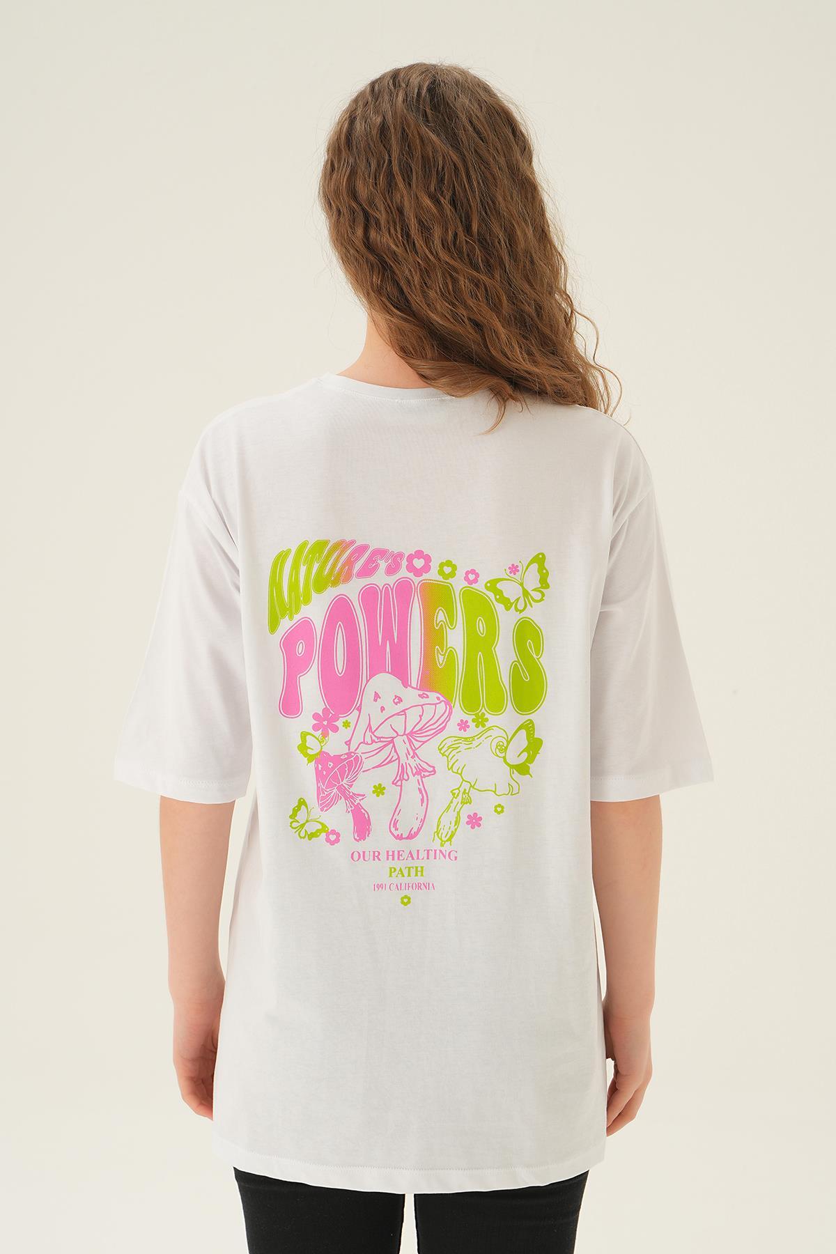 1700 Powers Kelebek Baskı Oversize Tişört Beyaz - 5