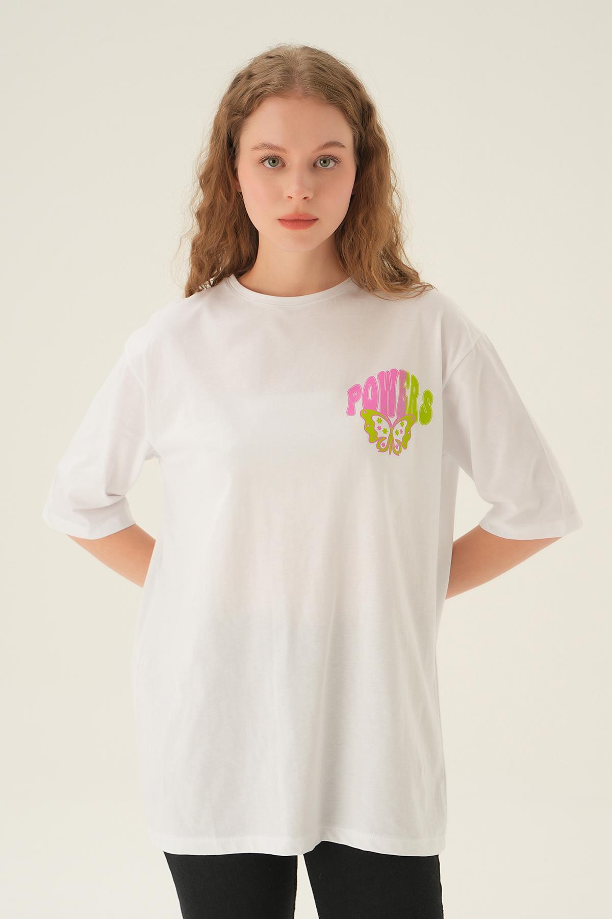 1700 Powers Kelebek Baskı Oversize Tişört Beyaz 