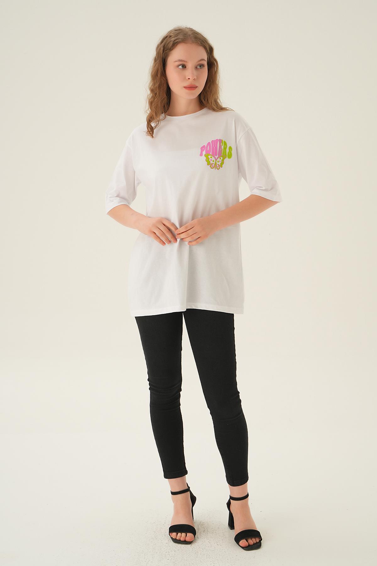 Beyaz Powers Kelebek Baskı Oversize Tişört 1700 - 2