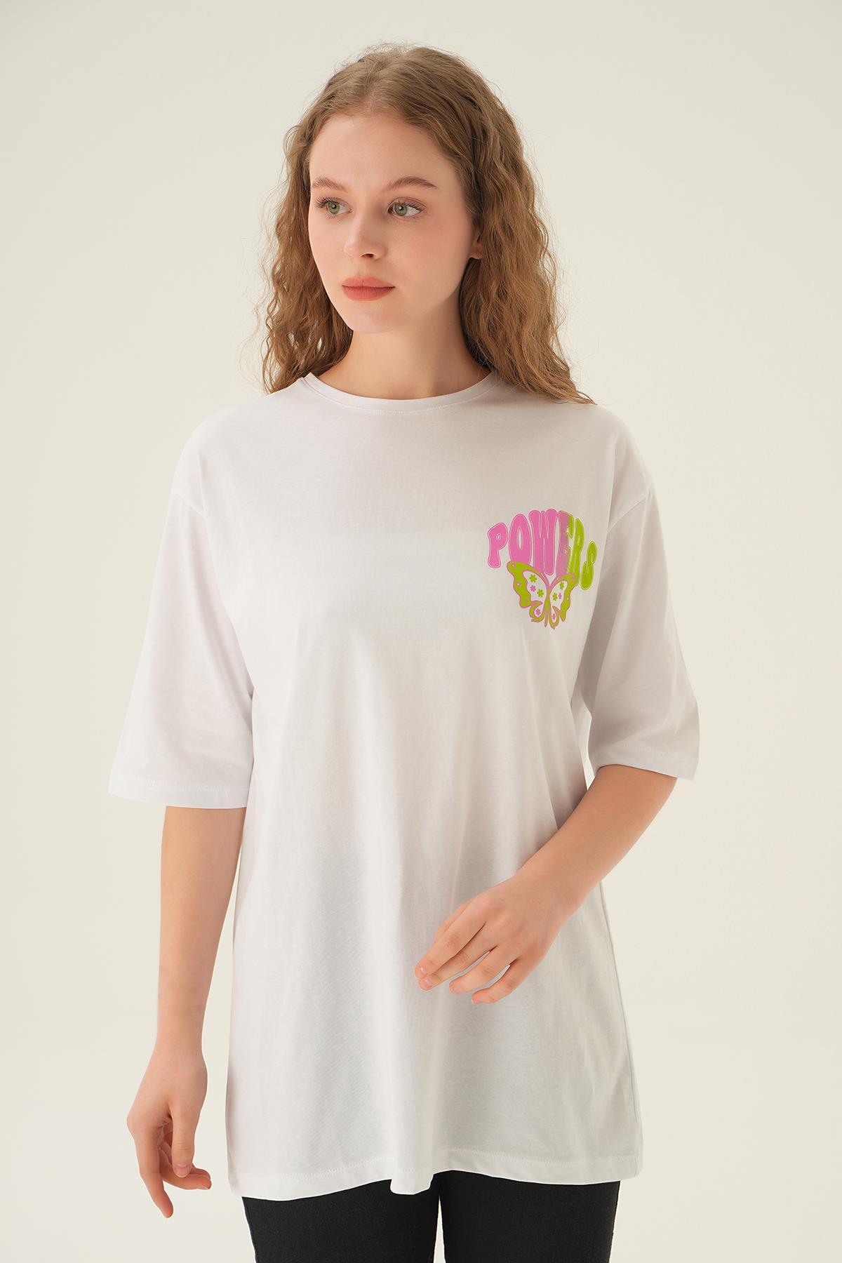 Beyaz Powers Kelebek Baskı Oversize Tişört 1700 - 3