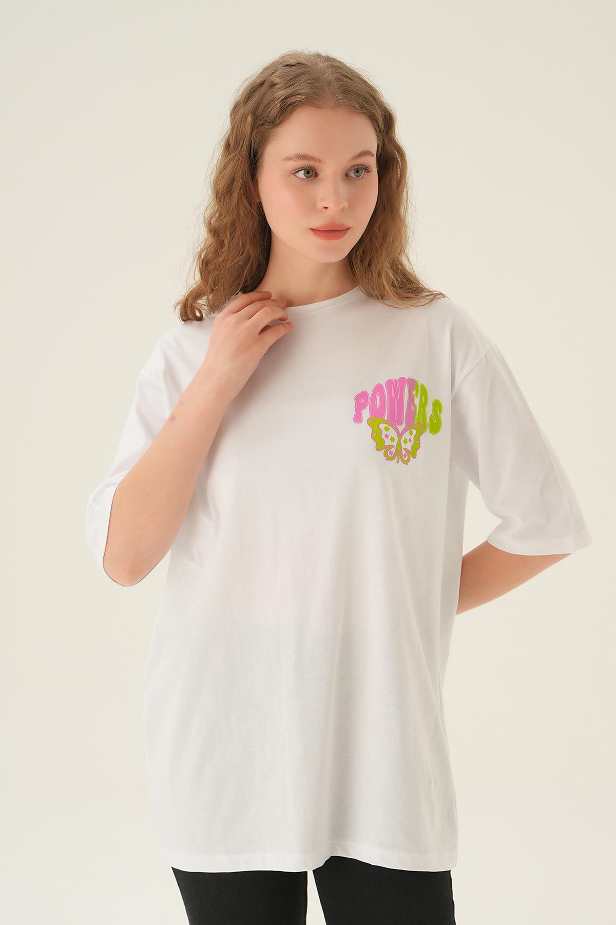 Beyaz Powers Kelebek Baskı Oversize Tişört 1700 - 4