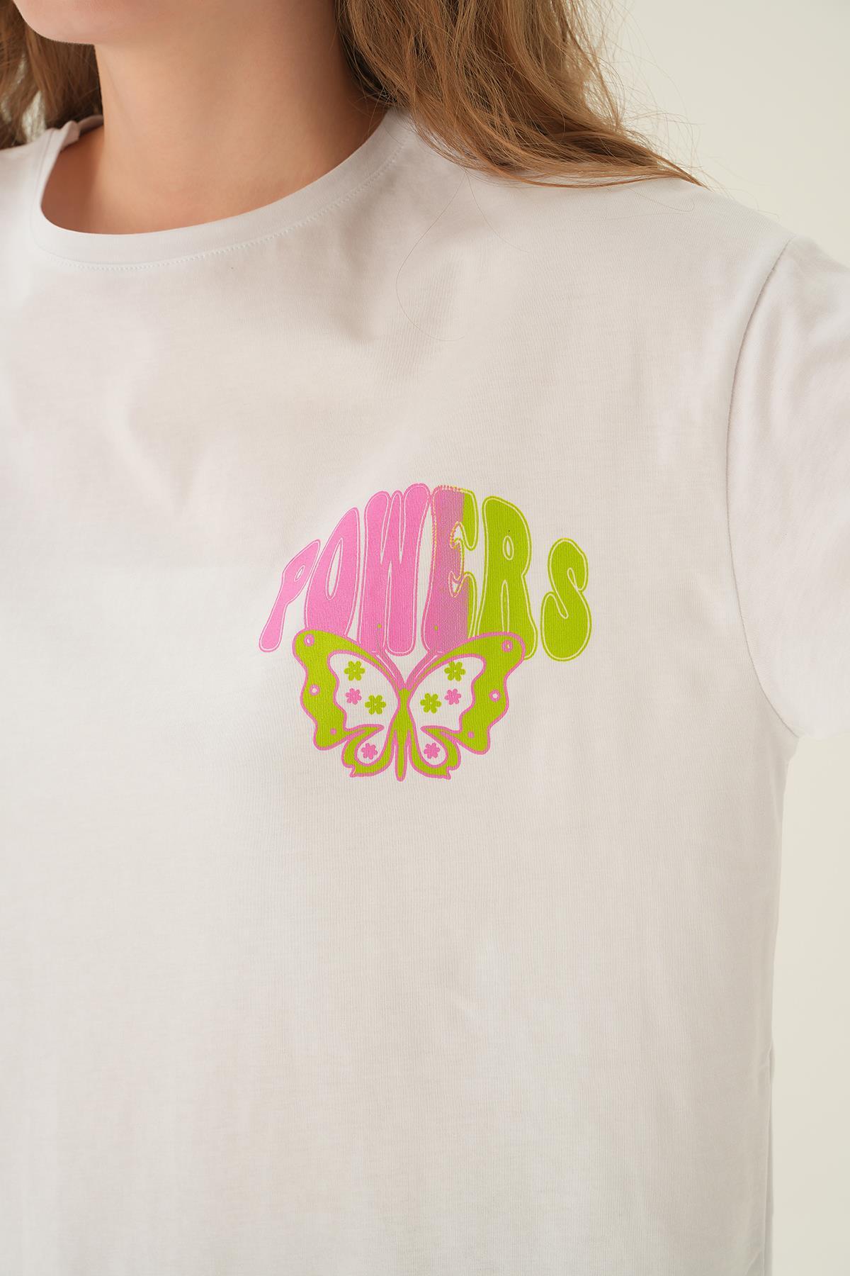 Beyaz Powers Kelebek Baskı Oversize Tişört 1700 - 6