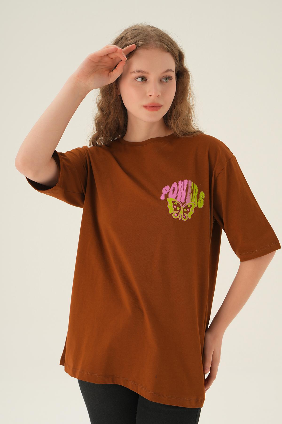 1700 Powers Kelebek Baskı Oversize Tişört Kahve - 3