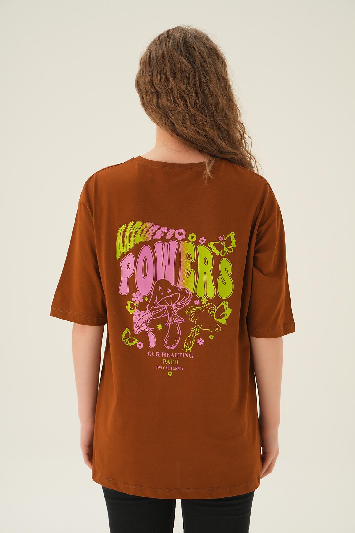 1700 Powers Kelebek Baskı Oversize Tişört Kahve - 4