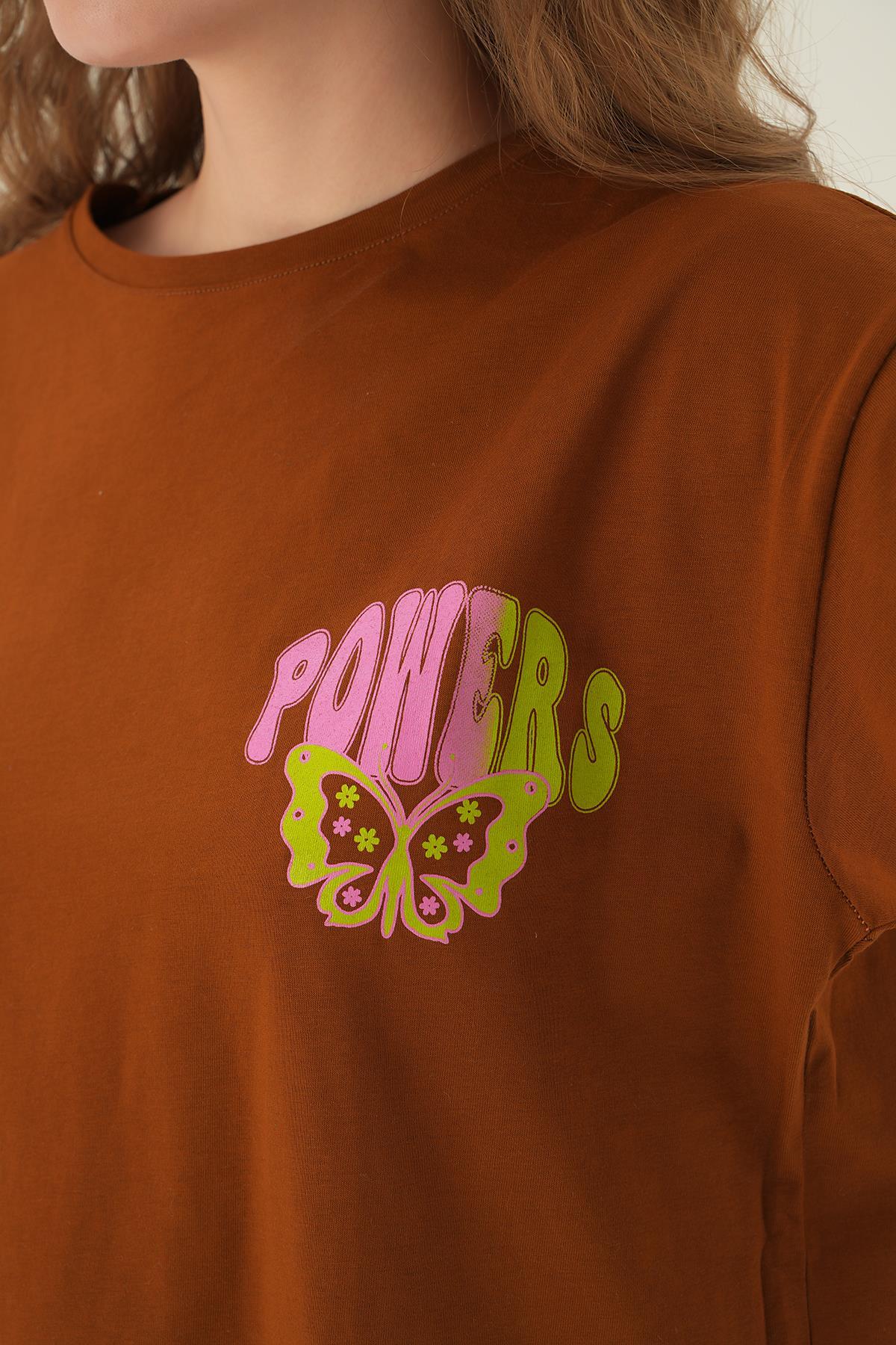 1700 Powers Kelebek Baskı Oversize Tişört Kahve - 5