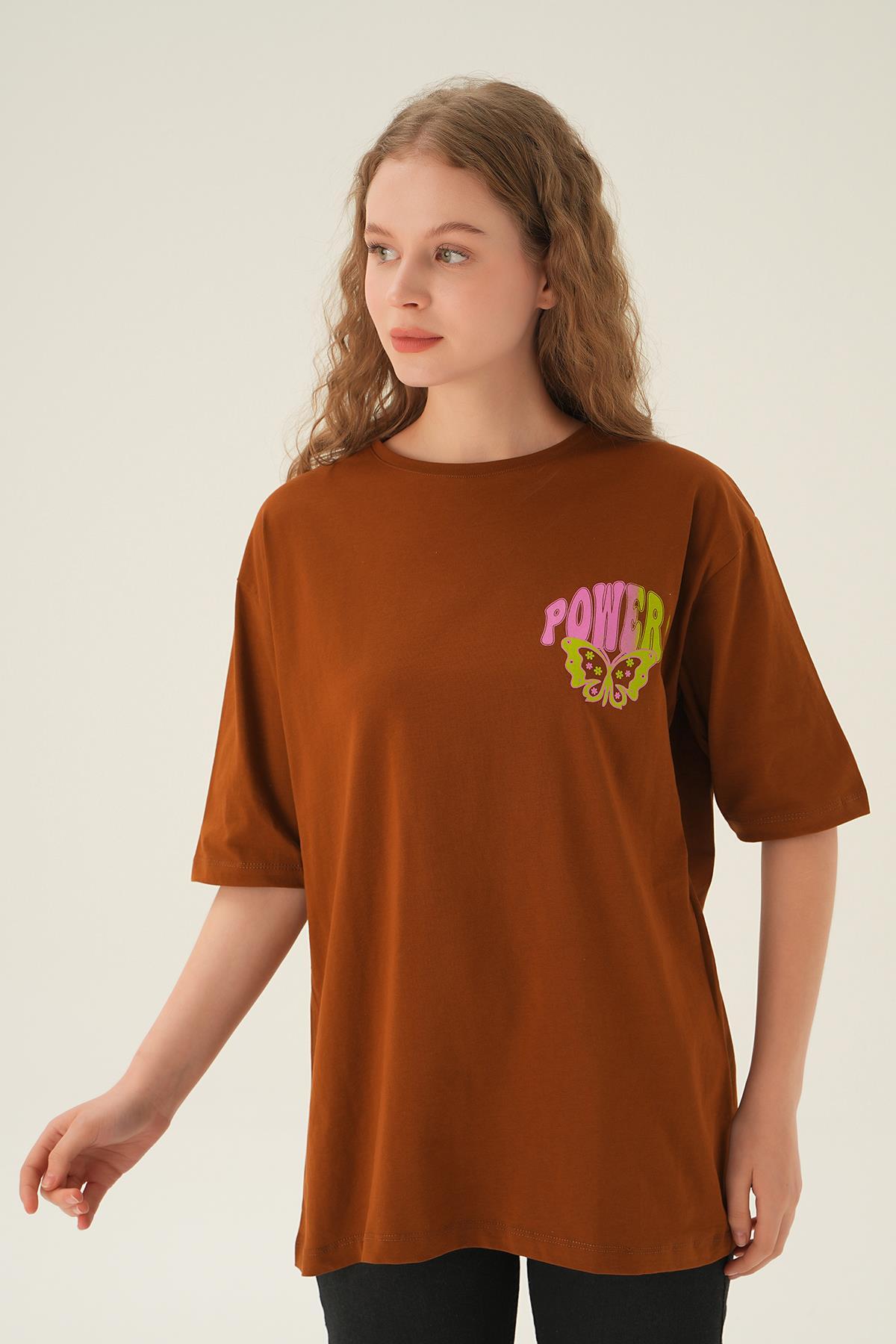 1700 Powers Kelebek Baskı Oversize Tişört Kahve - 2