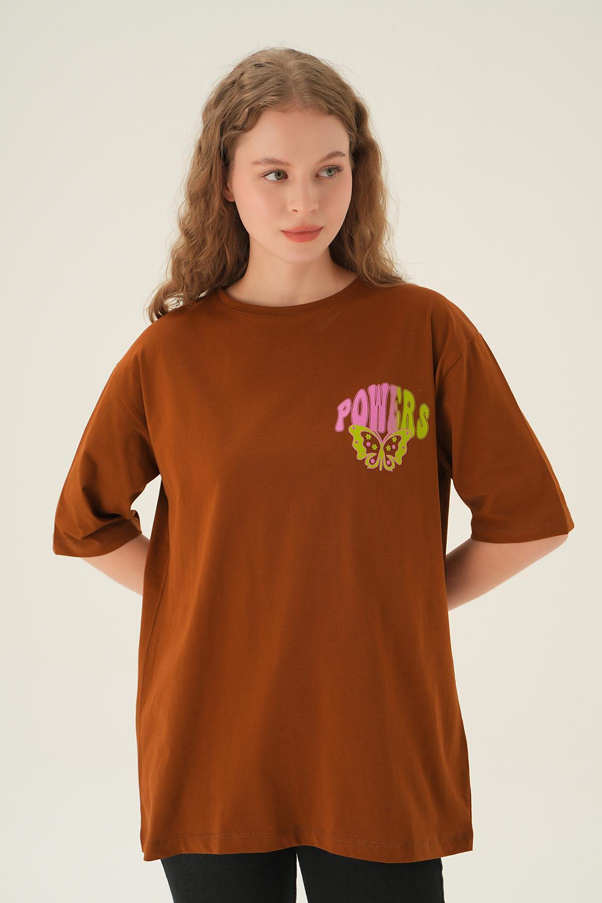 Kahve Powers Kelebek Baskı Oversize Tişört 1700 - 1