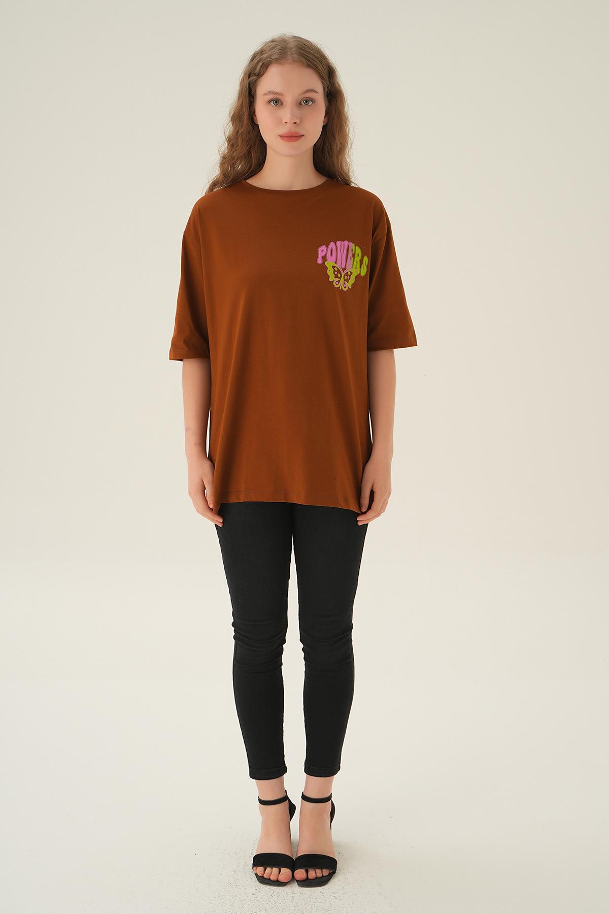 Kahve Powers Kelebek Baskı Oversize Tişört 1700 - 6