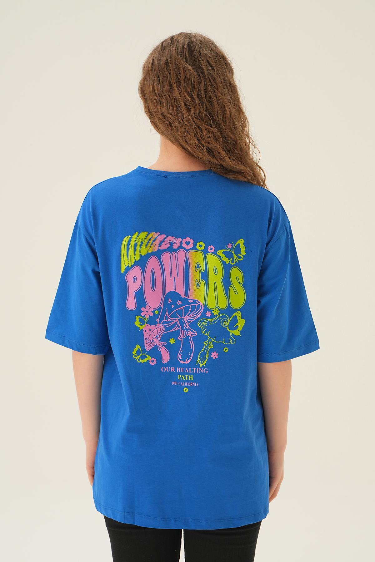 1700 Powers Kelebek Baskı Oversize Tişört Mavi - 4